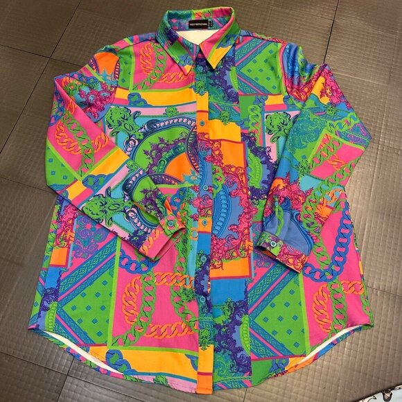 PRETTY LITTLE THINGS LONG SLEEVE BUTTON DOWN SHIRT BLOUSE SIZE 6 MULTI COLOR - Picture 1 of 10